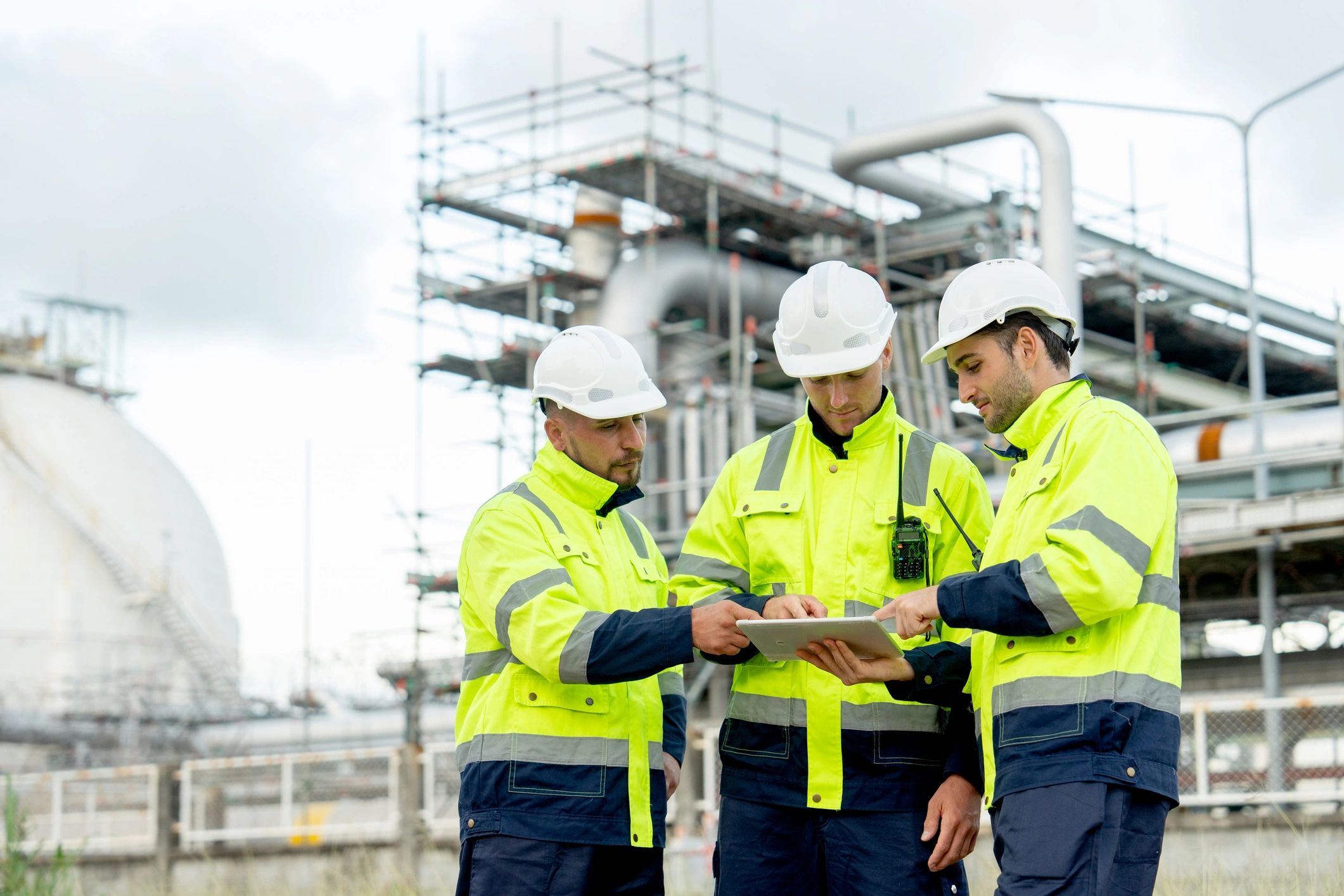 Industrial team discussing safety and compliance at a facility